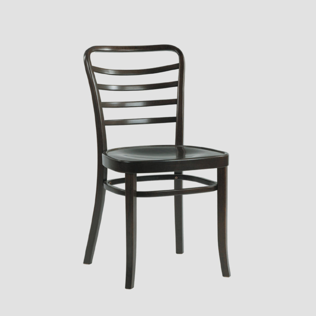 Black metal chair with wooden seat on a light gray background