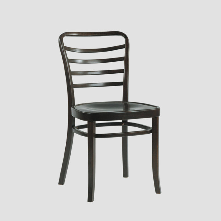 Black metal chair with wooden seat on a light gray background