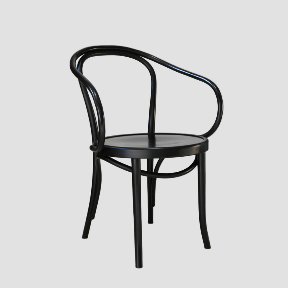 Black wooden chair with curved arms in black
