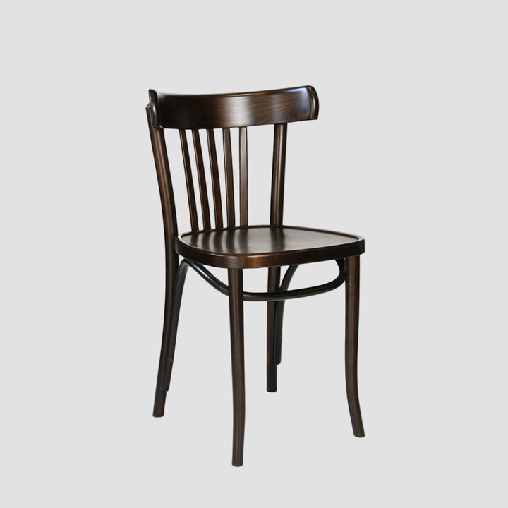 dark brown timber toned classic bistro chair with curved backrest and vertical slats on a light grey background