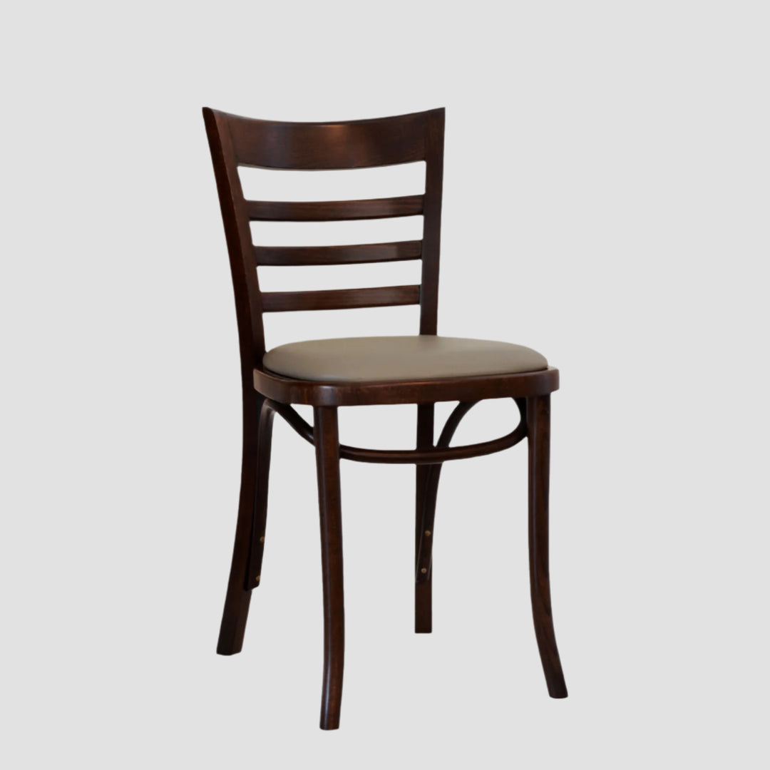 Front angle view of a dark brown wooden chair with a brown seat pad