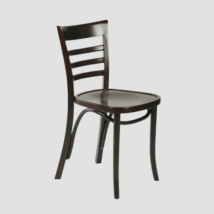 Dark brown wooden chair with slatted backrest