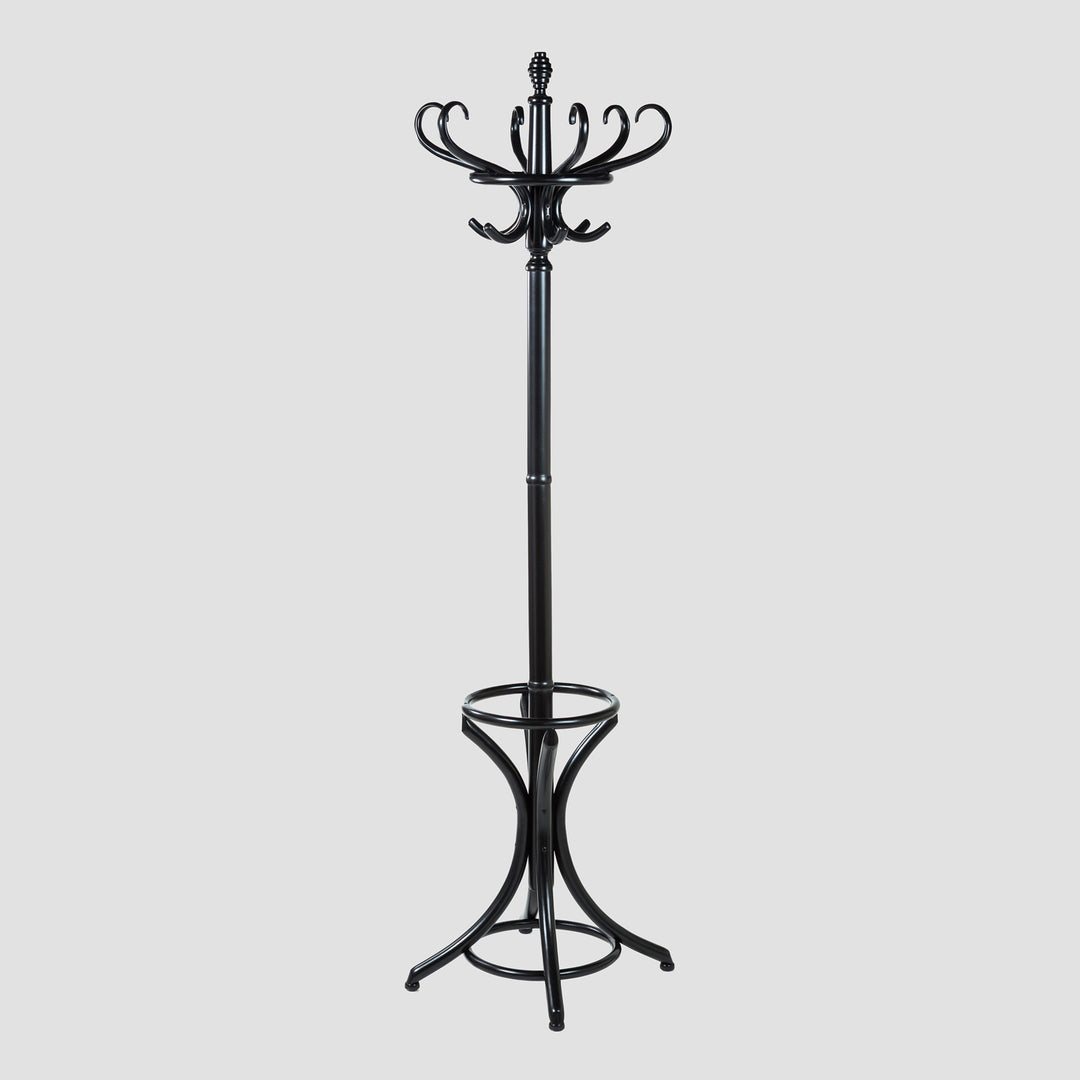 Black coat stand with decorative top on a light gray background