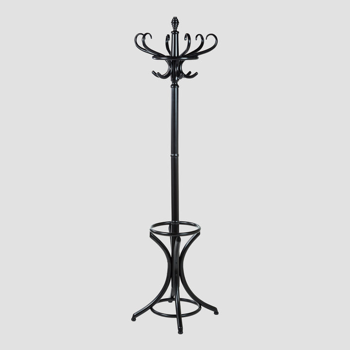 Black coat stand with decorative top on a light gray background