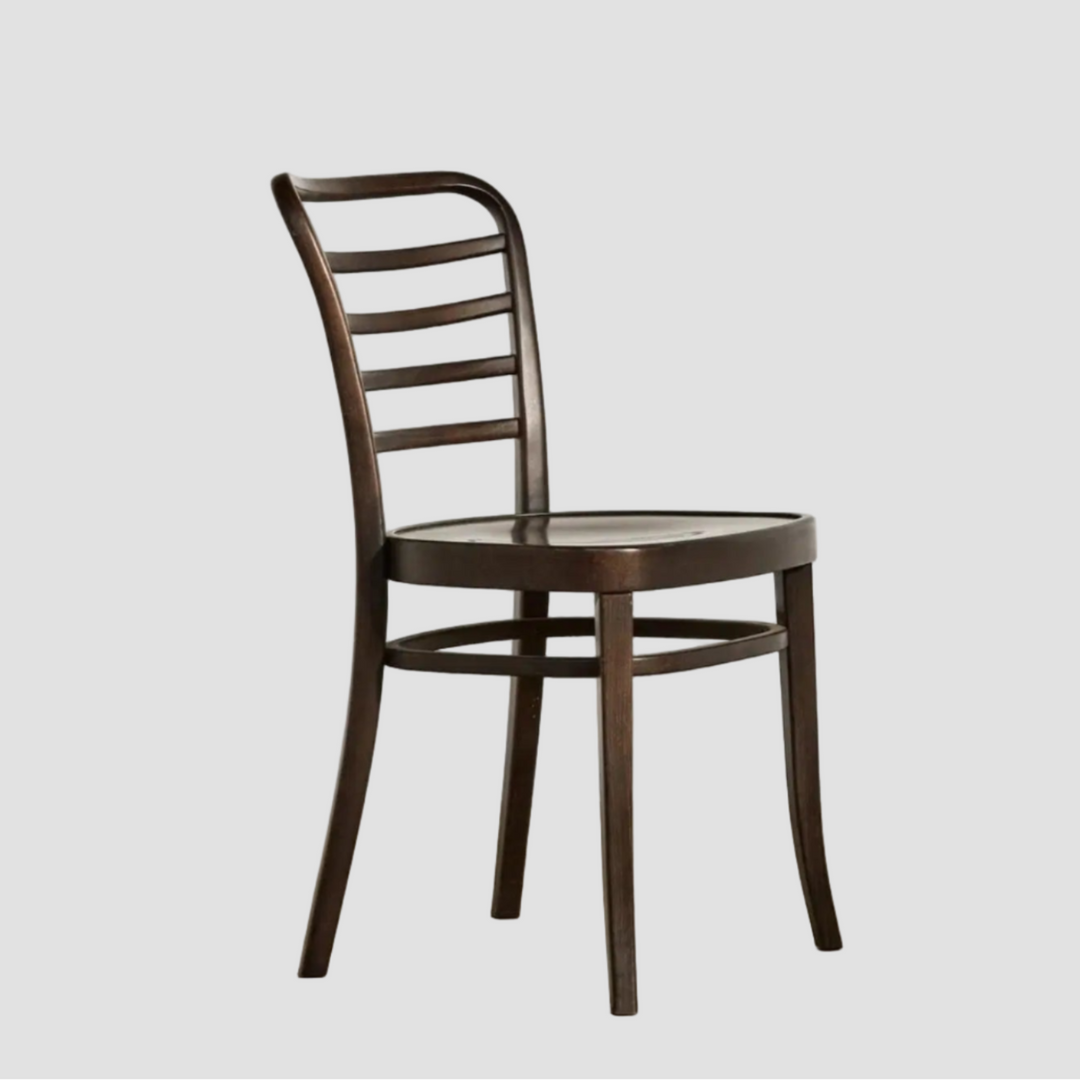 Dark brown wooden chair with slatted backrest on a plain background