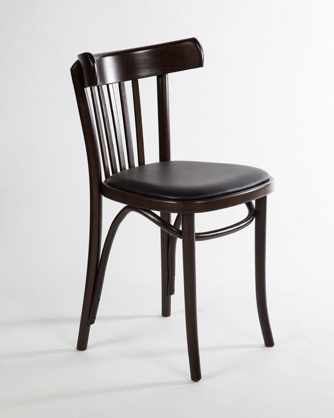 Dark wooden chair with a cushioned seat on a white background